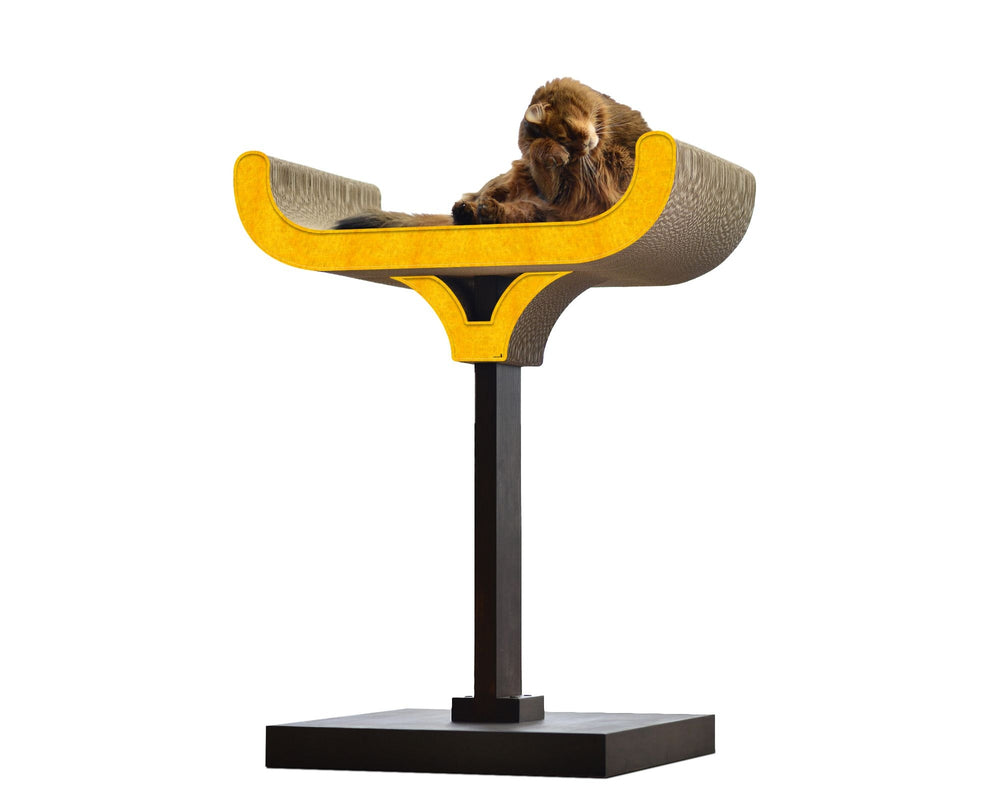 Designer-Kratzbaum in geschwungener Form mit gelben und grauen Akzenten, Hund entspannt darauf.