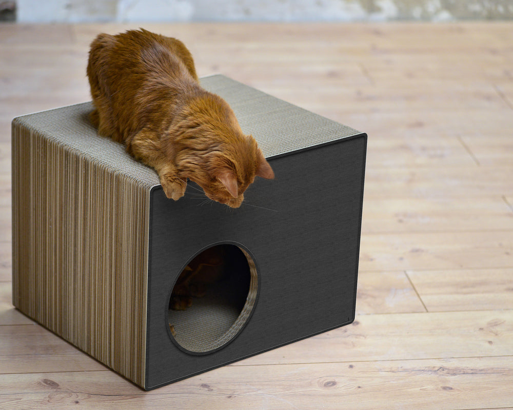 Orangefarbene Katze sitzt auf moderner beige-gestreifter Katzenhöhle mit rundem Eingang. Ideal für gemütliche Rückzugsorte.