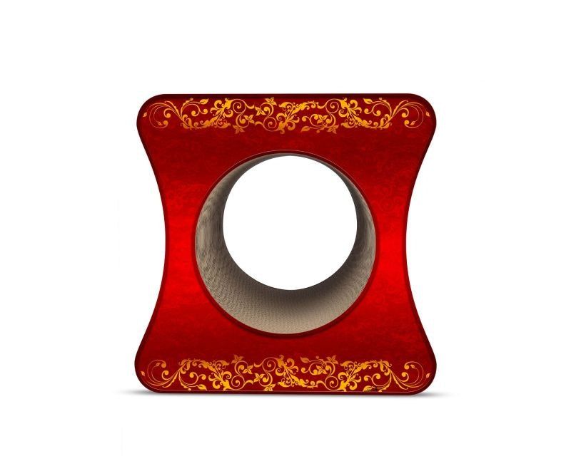 Dekorativer, roter Katzenmöbel-Rahmen mit goldenen Verzierungen und rundem Ausschnitt, elegant und modern gestaltet.