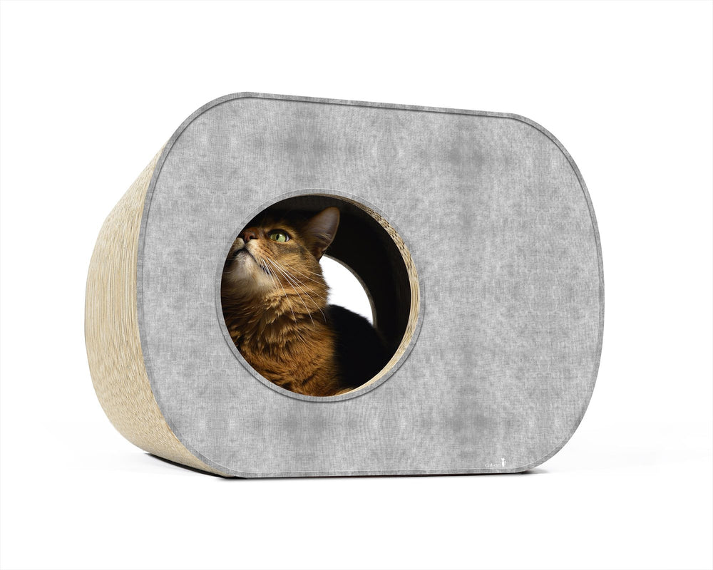 Modernes Katzenhaus mit grauer Außenfläche und naturfarbener Innenseite im henkelförmigen Design. Ideal zum Entspannen.