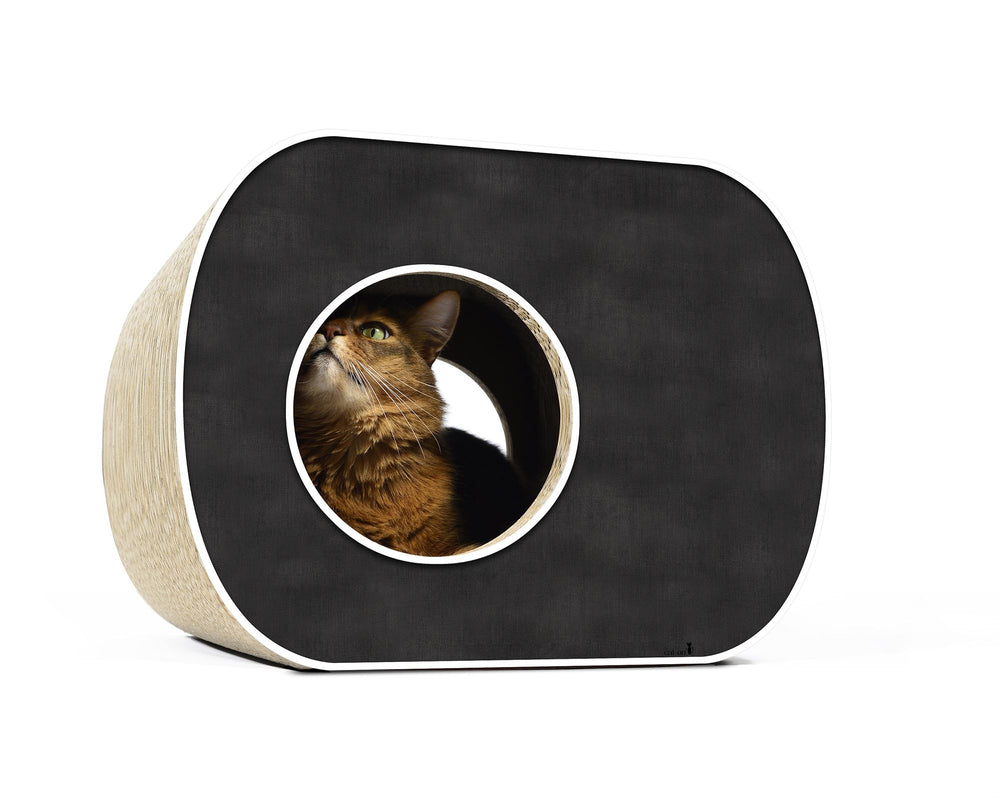 Moderner BROCHHAUS JUNIOR Katzenwürfel in Schwarz mit weißer Umrandung und großer Öffnung für Katzenblick.