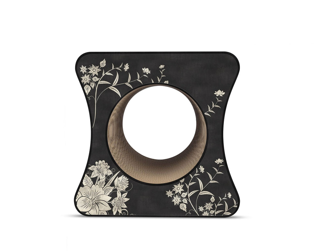 Stilvoller schwarzer Katzenkratzbaum mit floralem Muster, rechteckig mit abgerundeten Ecken, ideal für moderne Wohnräume.