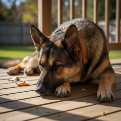 Entspannter Hund mit braun-schwarzem Fell schläft auf Terrasse, umgeben von grünen Wiesen und Bäumen. Zugstopp Lederhalsband Waldgeist.
