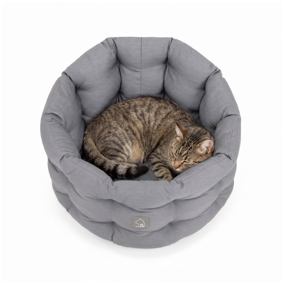 „Rundes graues Katzenbett Deluxe mit samtiger Oberfläche und entspannt liegender Katze in der Mitte.“