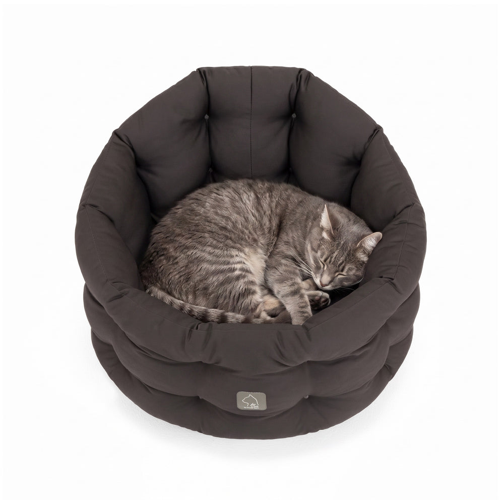Graues, rundes Katzenbett mit weicher Polsterung, in dem eine graue Katze entspannend schläft.