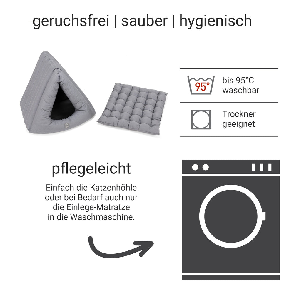 Graue Katzenhöhle im Zelt-Design mit herausnehmbarer, gepolsterter Einlage für comfort und Hygiene. Ideal für Katzenliebhaber.