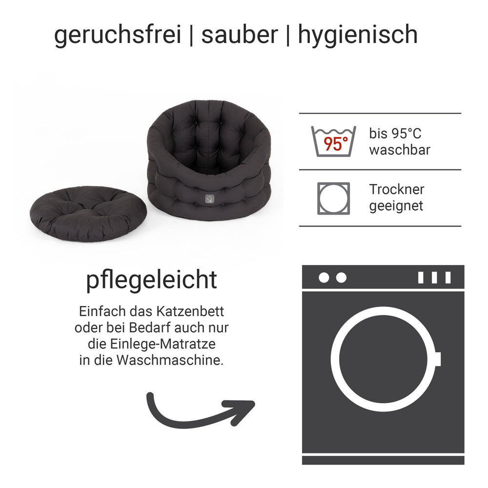 Schwarzes Katzenbett Deluxe mit erhöhter Rückenlehne und separatem Kissen, geruchsfrei und bequem für Katzen.