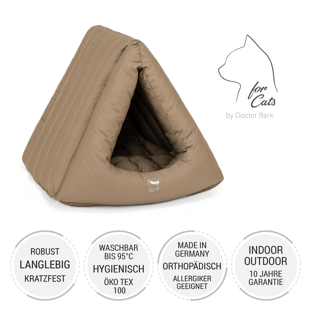 "Gemütliche Katzenhöhle Deluxe im Zelt-Design aus kratzfestem Material, ideal für Ruhe und Schlaf der Katzen."