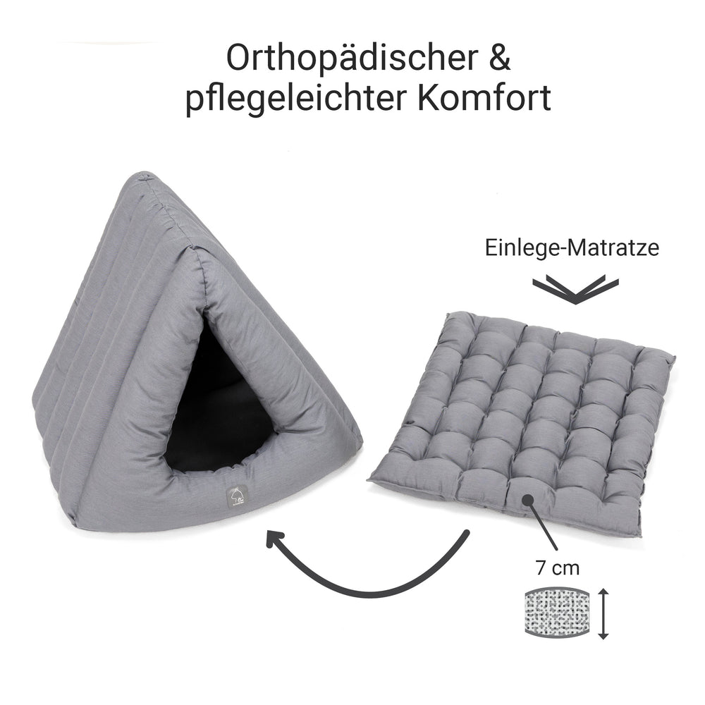 Dreieckiges orthopädisches Katzenbett in Grau mit 7 cm hoher gepolsterter Einlage-Matratze für optimalen Komfort.