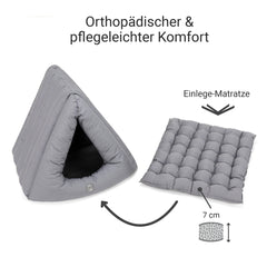 Dreieckiges orthopädisches Katzenbett in Grau mit 7 cm hoher gepolsterter Einlage-Matratze für optimalen Komfort.