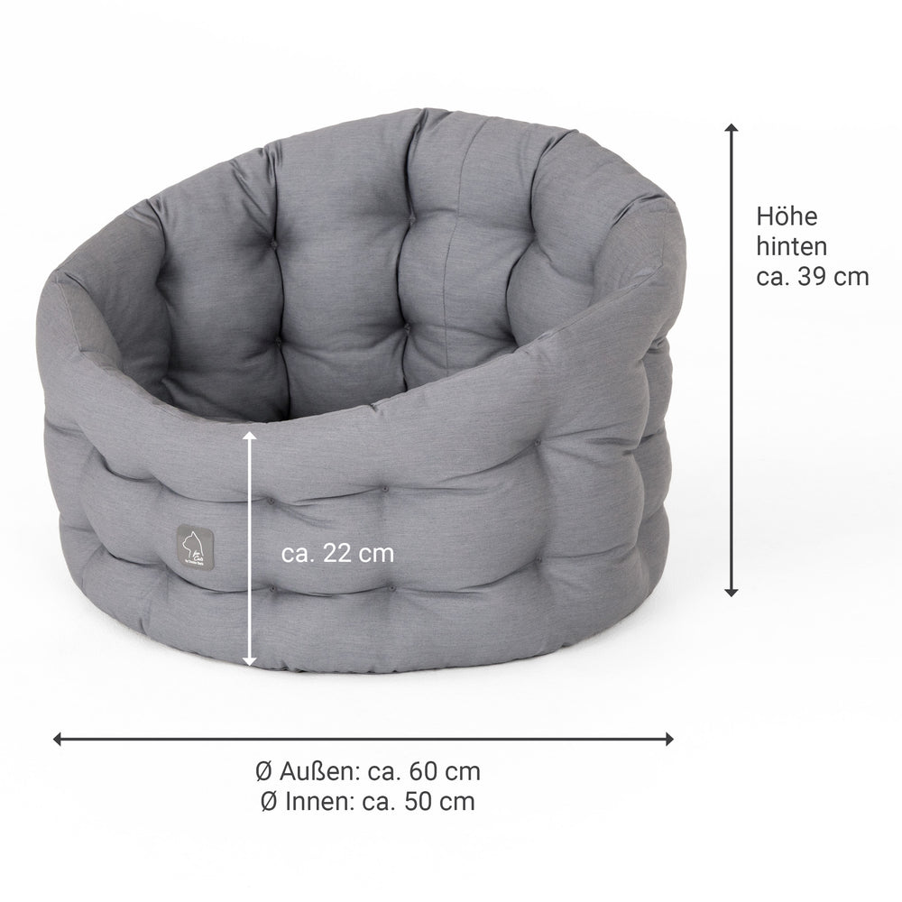 Graues ovales Katzenbett Deluxe mit gepolsterter Oberfläche, 39 cm hoch und 50 cm Durchmesser. Perfekt für entspannte Katzen.