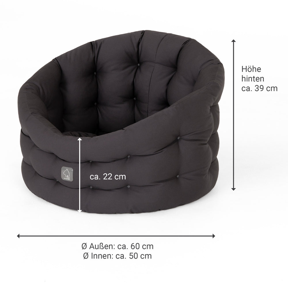 Schwarzes, rundes Katzenbett Deluxe mit gepolsterter Oberfläche und Maße für optimale Gemütlichkeit.