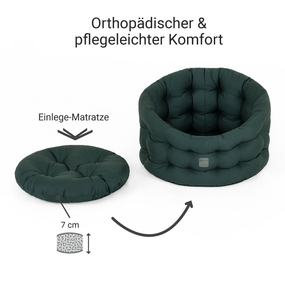 Orthopädisches Katzenbett Deluxe in dunklem Grün mit herausnehmbarer 7 cm Einlegematratze. Ideal für komfortablen Schlaf.