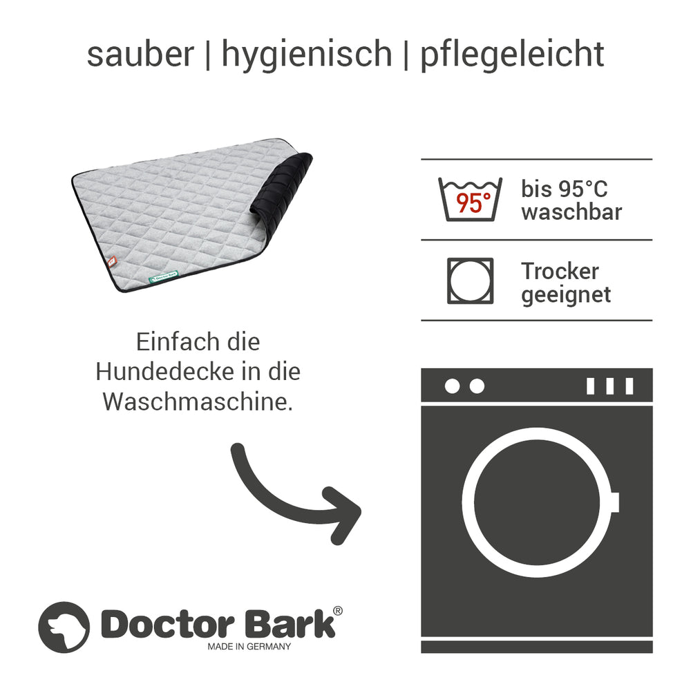 Moderne Steppdecke von Doctor Bark für Hunde, hygienisch, pflegeleicht, waschbar bis 95°C, punktiertes Design.