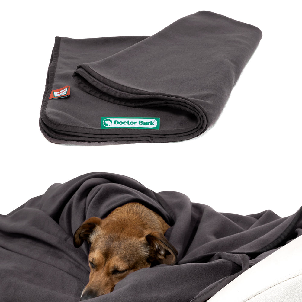 Graue Fleece Kuscheldecke von Doctor Bark, gefaltet mit Hund, der sich gemütlich darin einkuschelt.