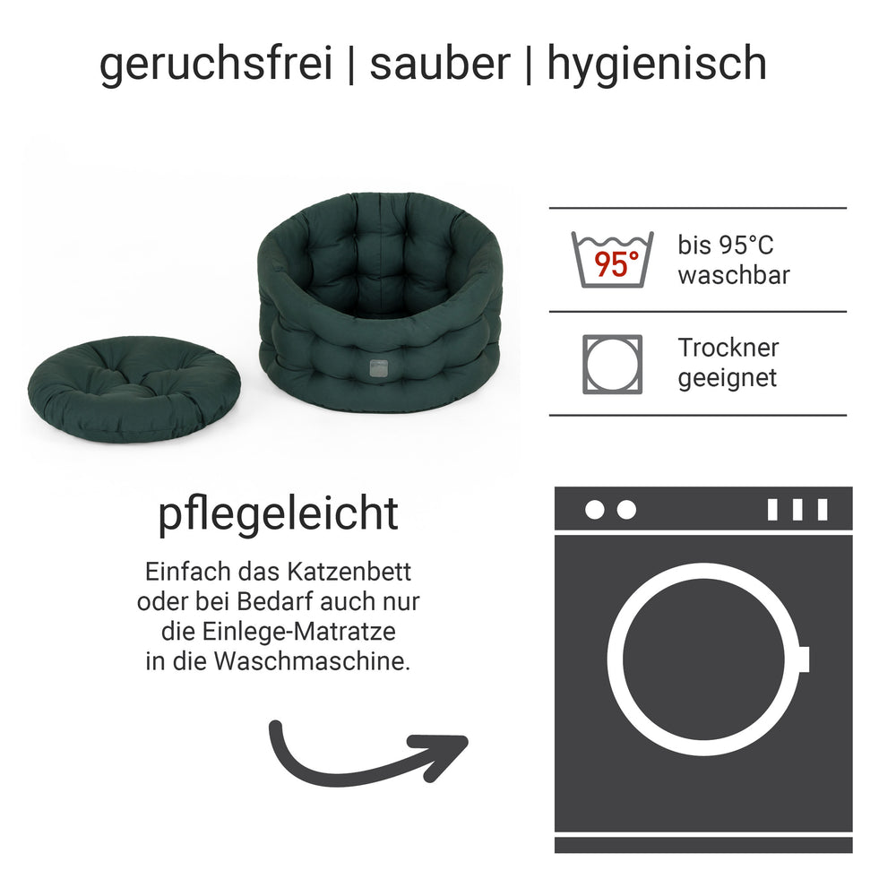 Katzenbett Deluxe in Dunkelgrün mit abnehmbarer Matratze, hygienisch und waschbar bis 95°C.