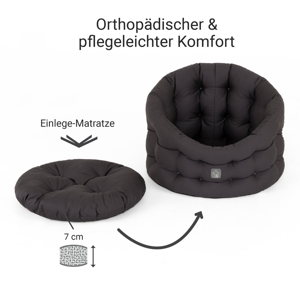 Katzenbett Deluxe in Schwarz mit dick gepolsterter Matratze für optimalen Komfort und Entspannung.