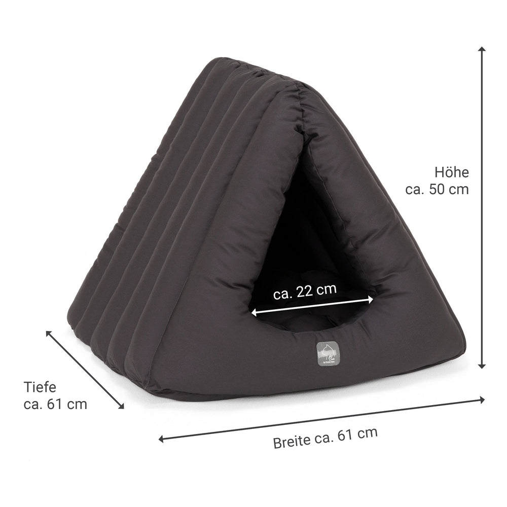 Dunkelgraue Katzenhöhle Deluxe in dreieckiger Form, ideal für gemütliche Schlafplätze von Katzen.