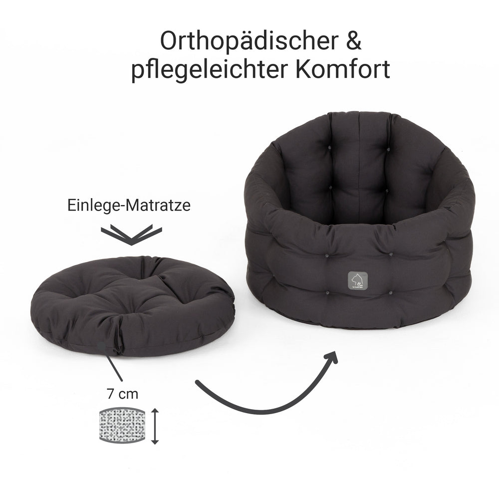 Rundes Katzenbett Deluxe mit herausnehmbarer, 7 cm dicker Matratze in dunkler Farbton-Design für höchsten Komfort.