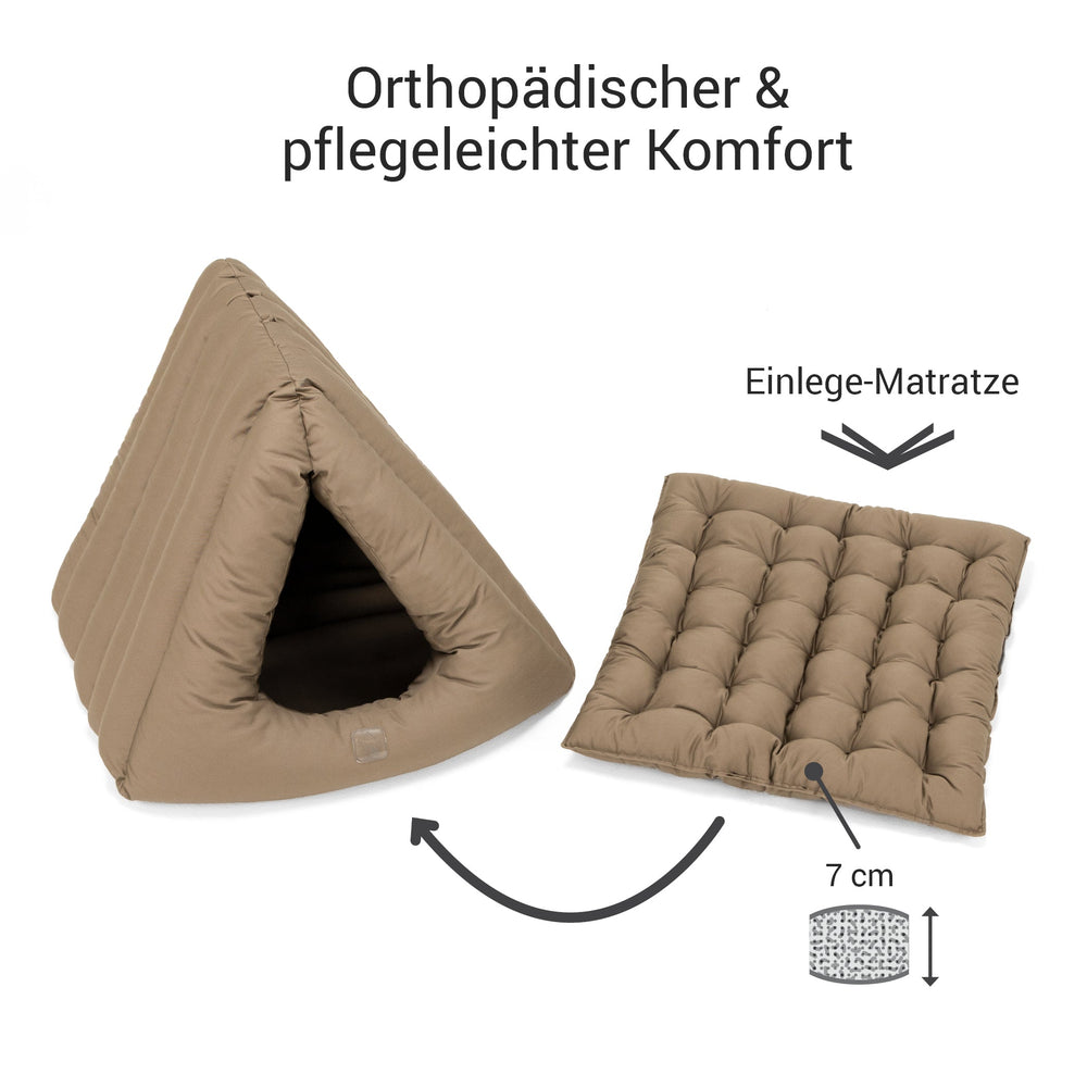 Orthopädisches Katzenbett im Zeltformat mit gepolsterter Einlegematratze für optimalen Komfort und Entspannung.
