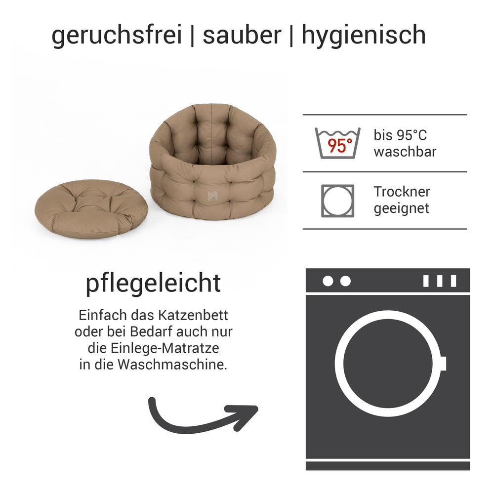 Katzenbett Deluxe in hellbraun, geruchsfrei und hygienisch mit herausnehmbarer Einlage für maximalen Komfort.