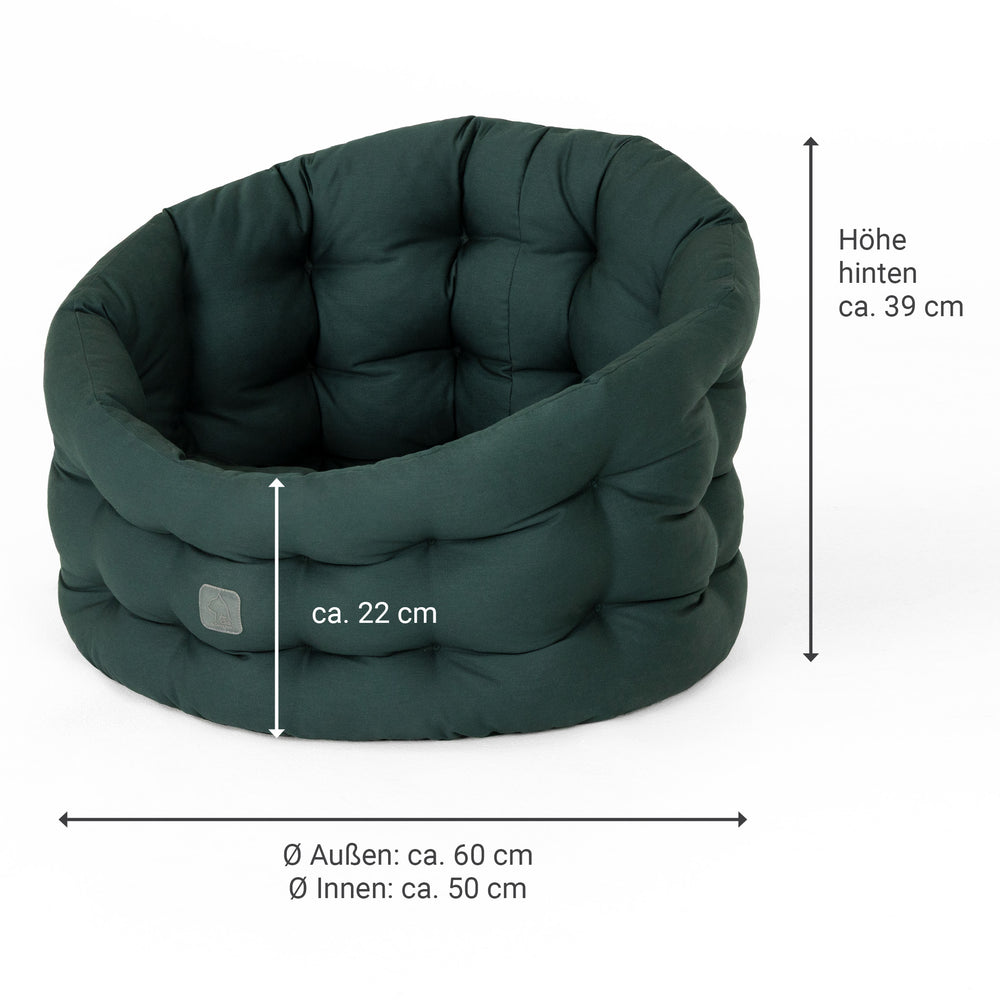 Rundes, gepolstertes Katzenbett Deluxe in dunkelgrün mit 39 cm Höhe und 60 cm Breite für optimalen Komfort.