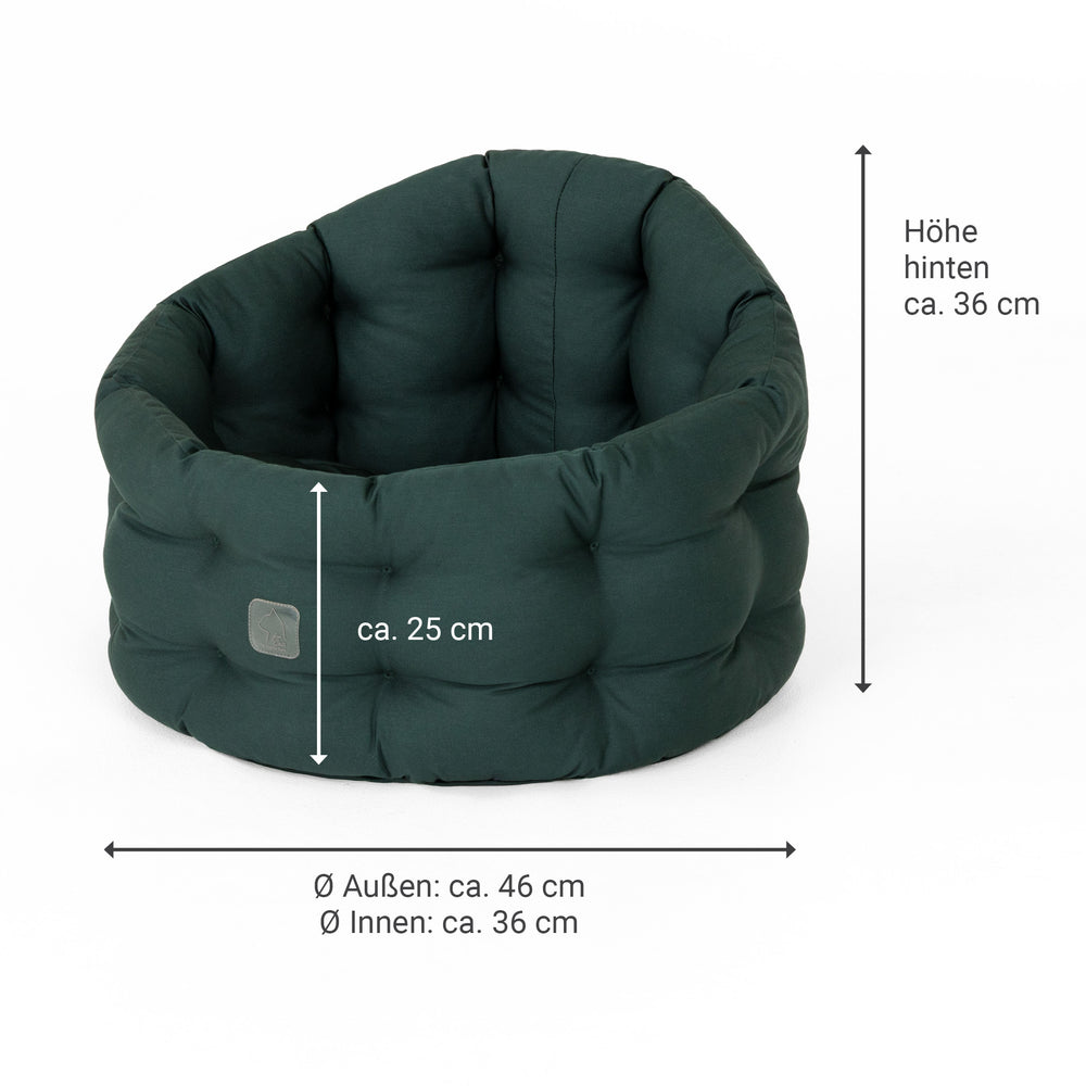 Hundefreundliches Katzenbett Deluxe in dunkelgrün, rund mit hohen gepolsterten Seiten für optimalen Komfort.