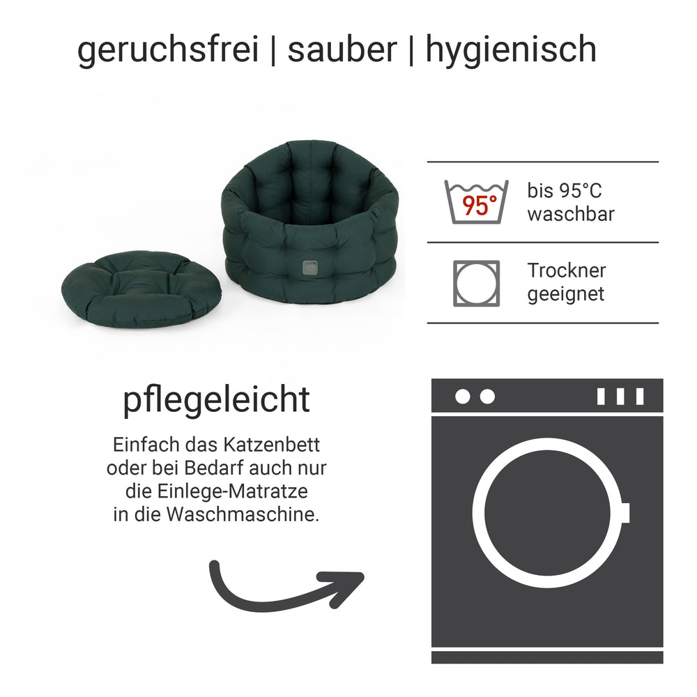 Katzenbett Deluxe in Dunkelgrün, geruchsneutral, waschbar bis 95°C, hygienisch und ideal für Ihre Katze.