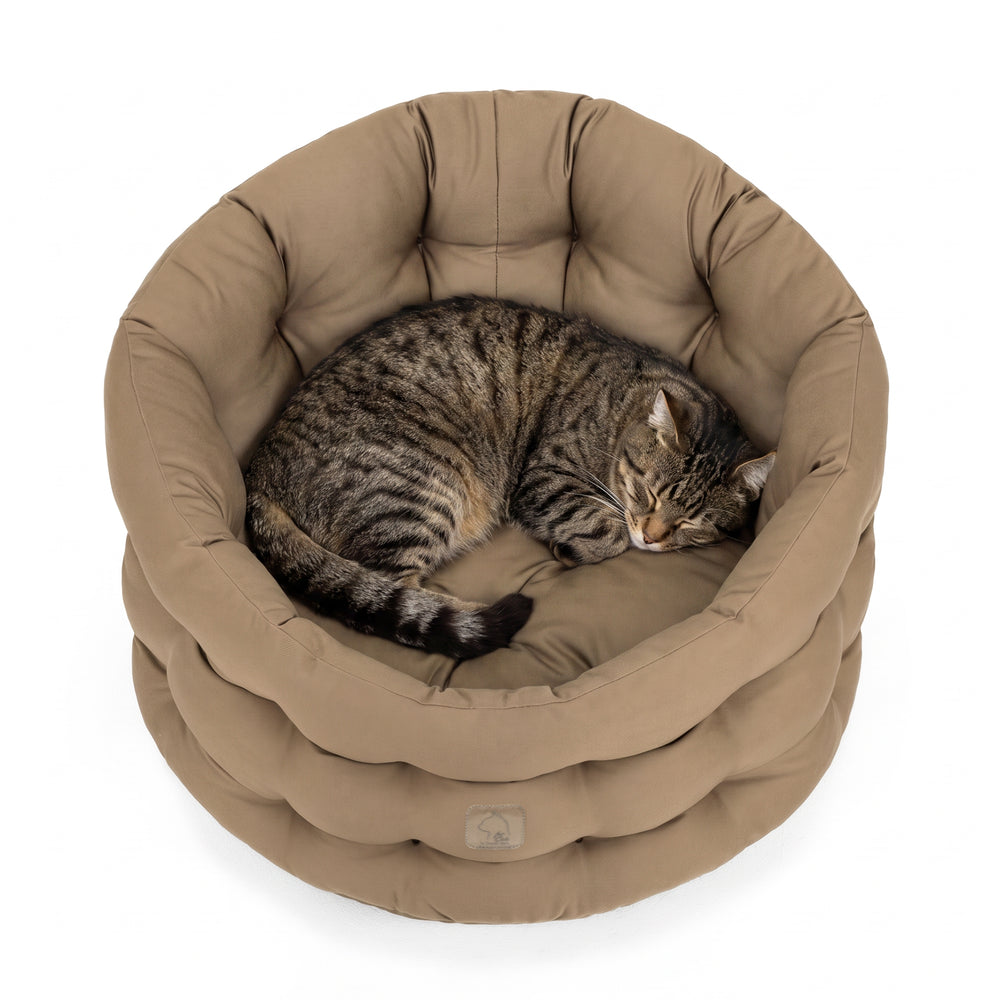 Komfortables Katzenbett Deluxe in Beige mit schlafender getigerter Katze, perfekt für entspannte Kuschelstunden.