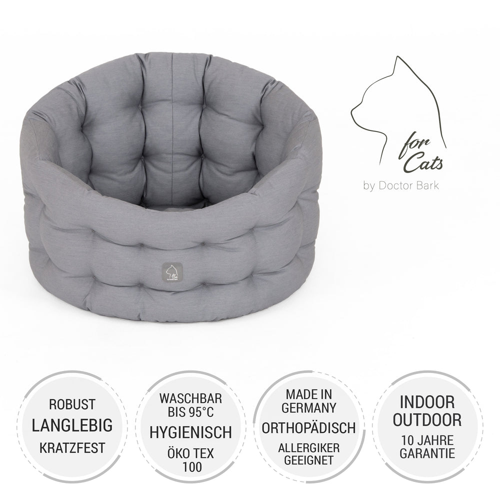 Graues, rundes Katzenbett Deluxe aus robustem Material, kratzfest und hygienisch bis 95°C waschbar.