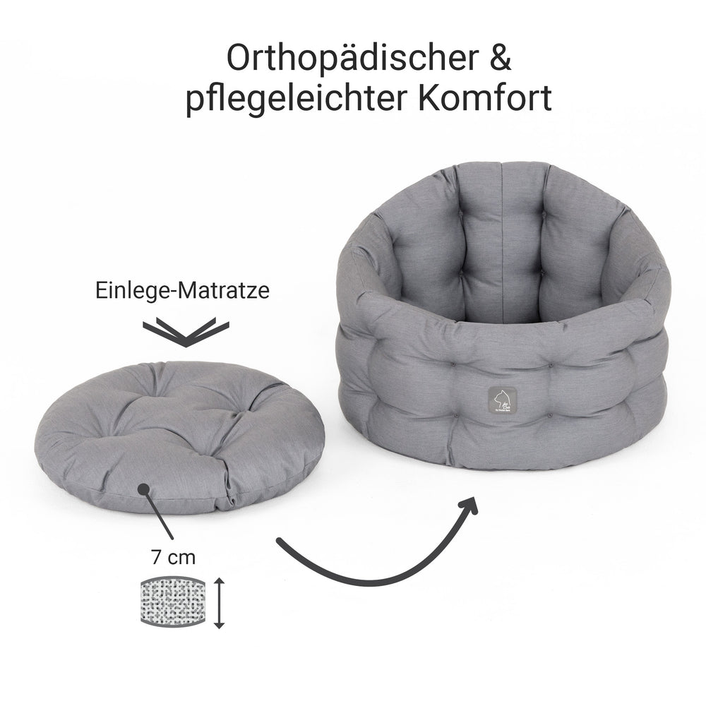 "Orthopädisches Katzenbett Deluxe in Grau mit hochkantigem Rand und abnehmbarer Matratze für optimalen Schlafkomfort."