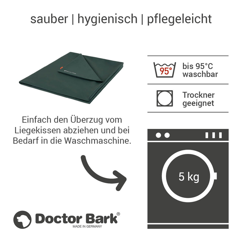 Dunkelgrüner Wechselbezug für orthopädisches Kissen, waschbar bei 95 °C und einfach abnehmbar.