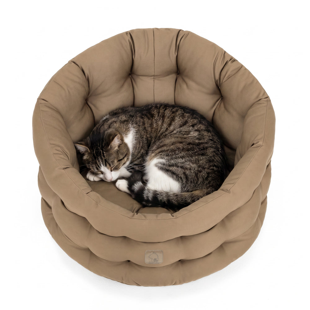 Gemütliches, rundes Katzenbett in neutralem Braunton mit einer schlafenden Katze darin. Weiche, gepolsterte Oberfläche.