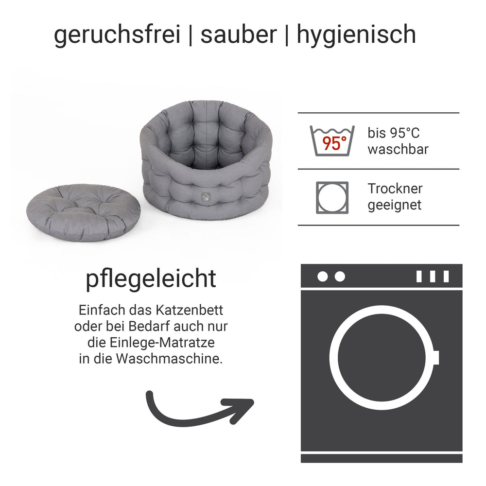 "Graues Deluxe Katzenbett mit rundem, gepolstertem Design, hygienisch und waschbar bis 95 °C."