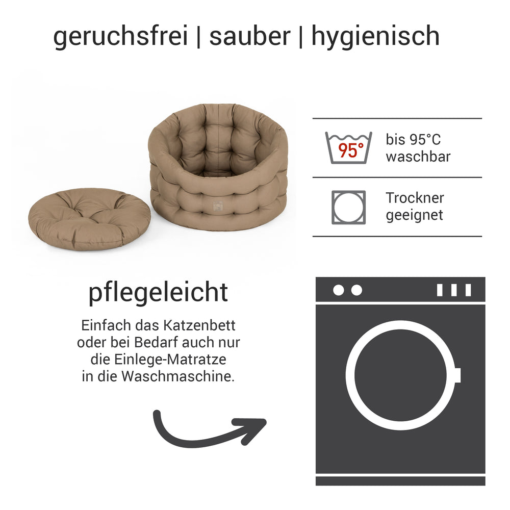 Beiges, rundes Katzenbett Deluxe, geruchsfrei und hygienisch, ideal für entspannte Katzennickerchen.