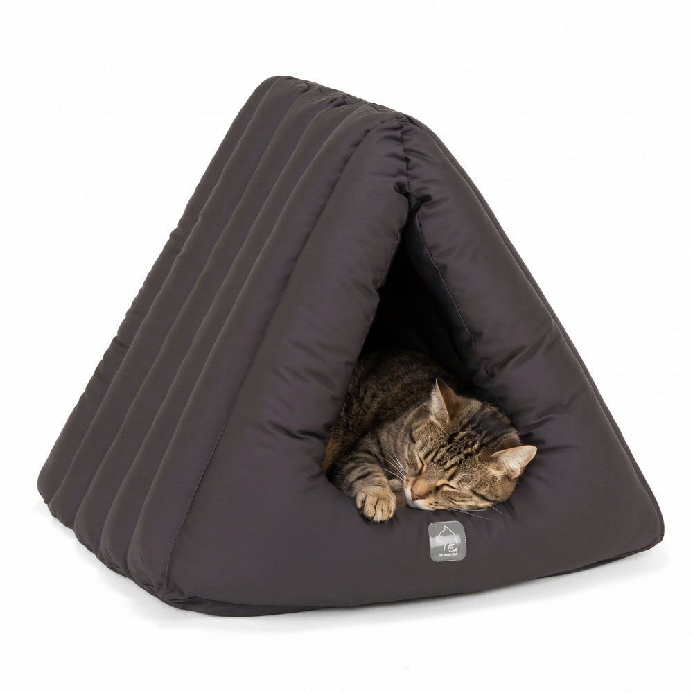 Schlafende Katze in einer dreieckigen, gepolsterten Katzenhöhle mit abgerundeten Ecken aus dunklem Stoff.