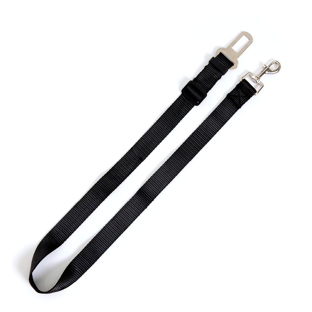 Schwarzes Hundegeschirr aus strapazierfähigem Nylon mit silberner Schnalle und Karabinerhaken für optimalen Halt.