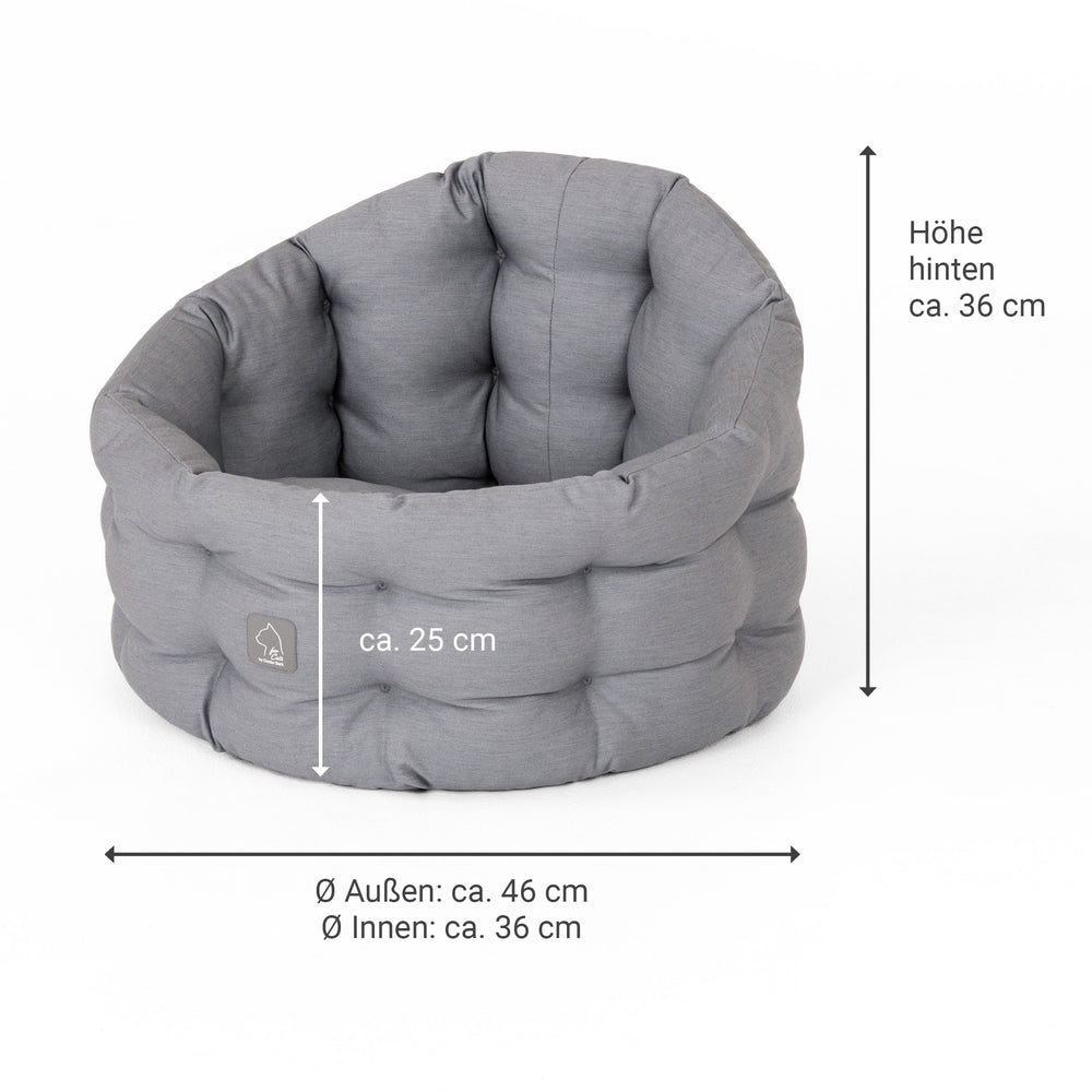 Rundes, graues Katzenbett Deluxe mit gepolsterter Oberfläche, 46 cm Außendurchmesser, ideal für gemütliche Stunden.