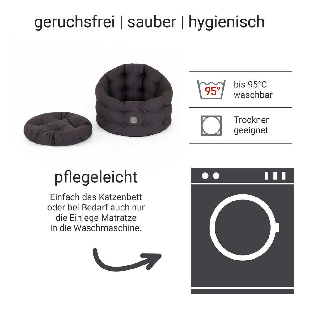 Rundes, schwarzes Katzenbett Deluxe mit abnehmbarer Einlage, geruchsfrei und hygienisch für saubere Tierhaltung.