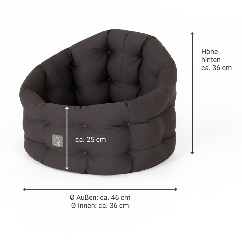 "Hochwertiges rundes Katzenbett Deluxe in Dunkelgrau, 36 cm hoch, mit einem Durchmesser von 46 cm für gemütlichen Schlaf."