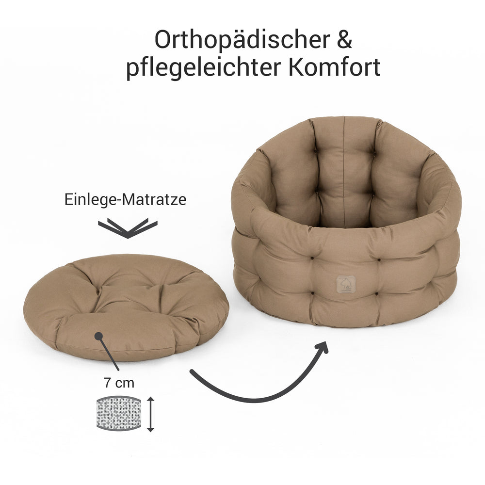 "Beige orthopädisches Katzenbett Deluxe mit gepolsterter runder Form und Einlegematratze für maximalen Komfort."