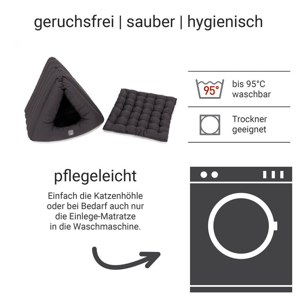 Graue dreieckige Katzenhöhle Deluxe mit abnehmbarer Matratze, hygienisch und waschbar bei 95 °C. Ideal für Ihre Katze!