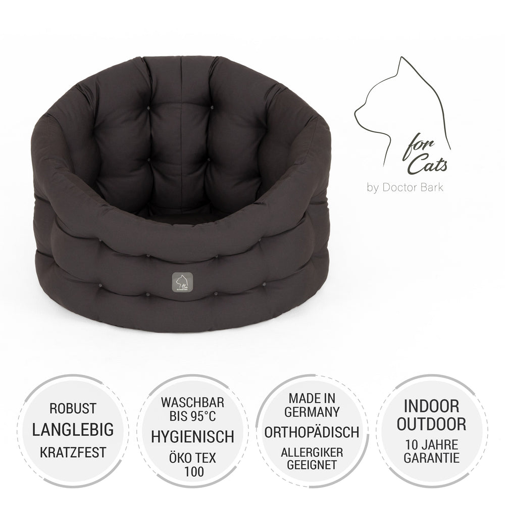 Schwarzes, rundes Katzenbett Deluxe, kratzfest, waschbar bis 95°C, mit Öko-Tex 100-Zertifizierung für Hygiene und Komfort.