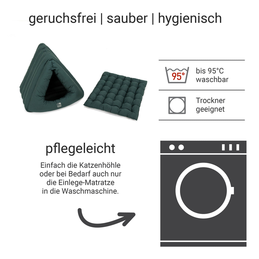 Stylische Katzenhöhle Deluxe in Dunkelgrün mit Tunnel-Design und bequemer Einlegematratze für optimalen Komfort.