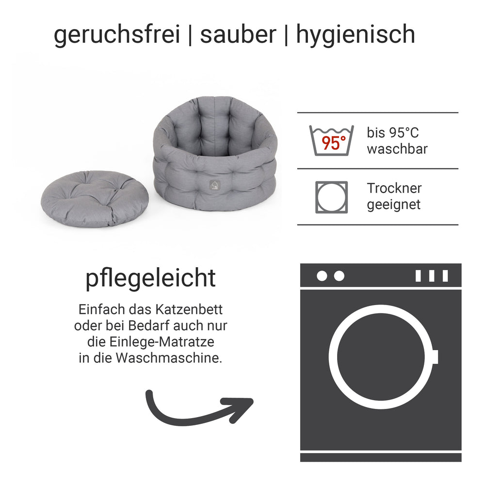 Graues Katzenbett Deluxe mit abnehmbarem Kissen, hygienisch, waschbar bis 95°C, ideal für Komfort und Sauberkeit.