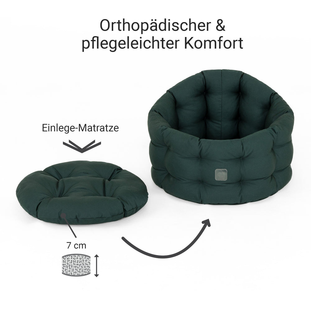 "Orthopädisches Katzenbett Deluxe in dunklem Grün mit abnehmbarem, rundem Matratzenkern für besten Schlafkomfort."