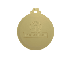 Runder gelber Silikonanhänger mit Logo "LAKEFIELDS" für Dosendeckel von Nassfutter.
