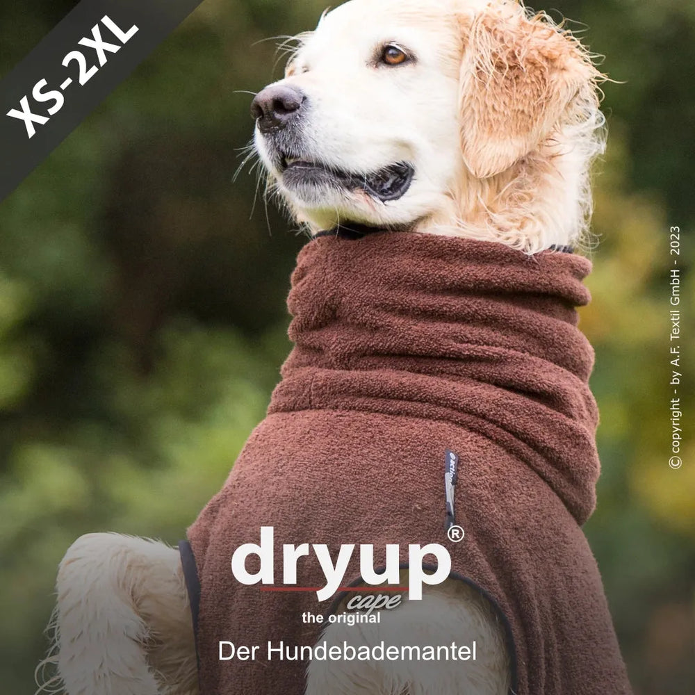 Brauner Hundebademantel von Dryup® für Hunde bis 2XL in natürlicher Umgebung. Ideal zum Trocknen nach dem Baden.