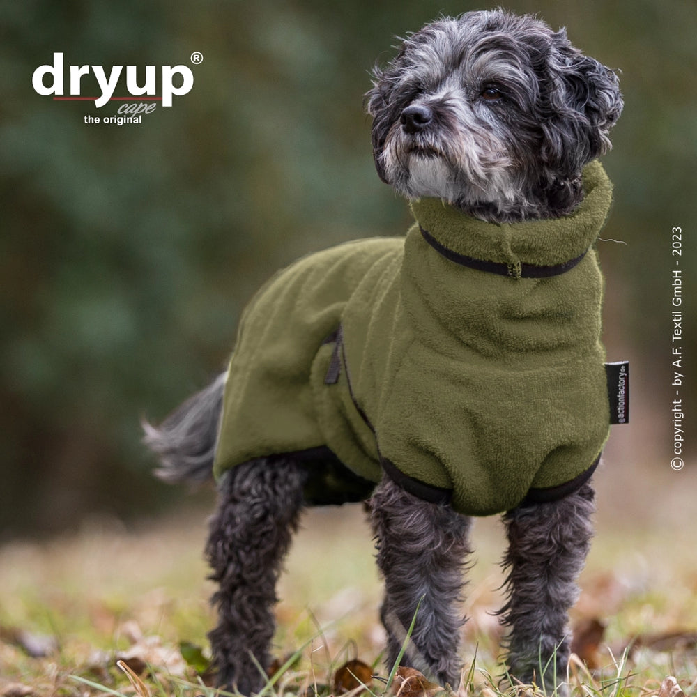 Kleiner Hund im olivgrünen Dryup® Hundebademantel, bequem sitzend mit abgewinkeltem Kopf, warme Fleece-Qualität.
