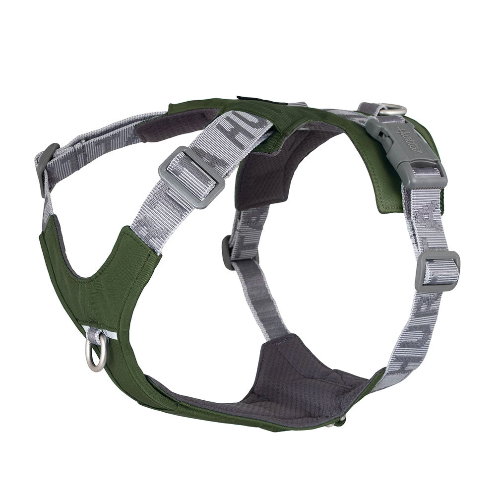 Grünes strapazierfähiges Hundegeschirr Rover Harness mit verstellbaren Riemen, gepolstertem Innenfutter und D-Ring.